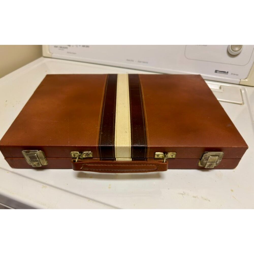 Vintage Backgammon w/Faux Leather Brown/Beige Case